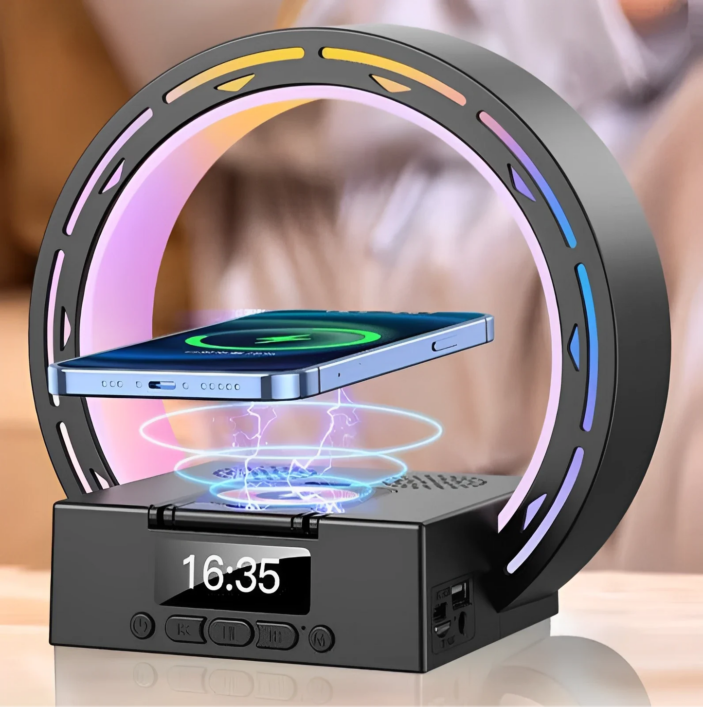 4-in-1 Bluetooth Speaker Alarm Clock with Night Light, Wireless Charger, for iPhone and Samsung