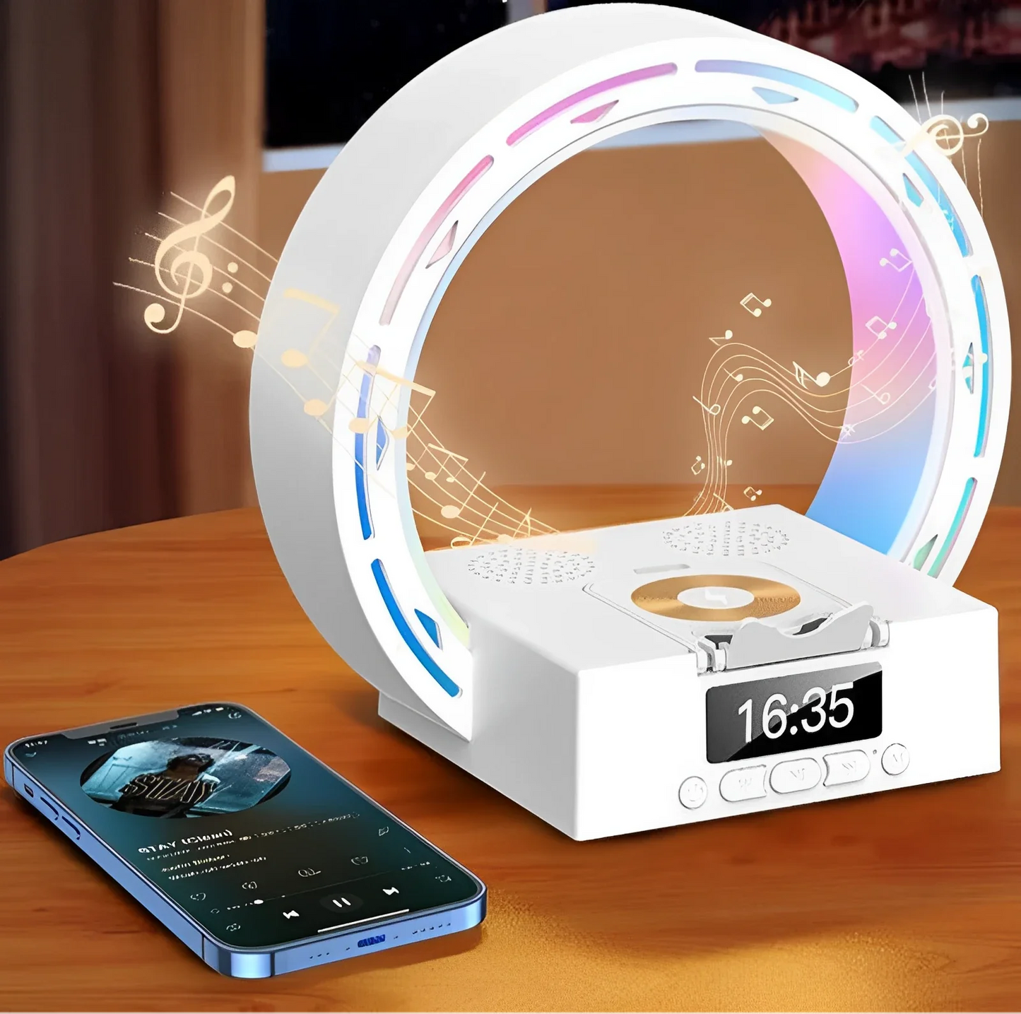 4-in-1 Bluetooth Speaker Alarm Clock with Night Light, Wireless Charger, for iPhone and Samsung