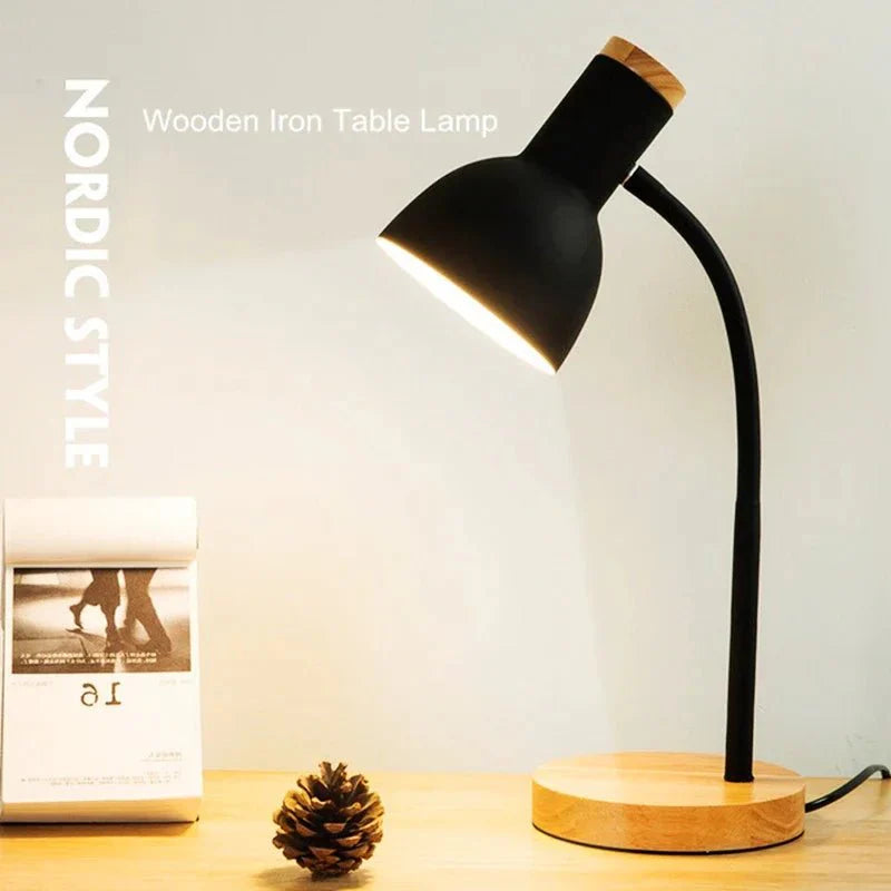 Stylish Nordic LED Desk Lamp with Elegant Wooden and Iron Design